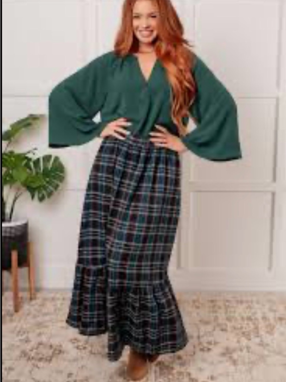 JODIFL Black and Green Plaid Maxi Skirt with Ruffle Hem